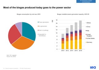 18 | Outlook for biogas and biomethane | IEA 2020. All rights reserved
An introduction to biogas
and biomethane
Most of the biogas produced today goes to the power sector
Note: GW = gigawatt.
Source: IEA, 2019a.
Power generation
Co-generation
Heat in buildings
Upgraded to
biomethane
Biogas consumption by end use, 2018
0
2
4
6
8
10
12
14
16
18
2010 2012 2014 2016 2018
GW
Others
China
Italy
United
Kingdom
United States
Germany
Biogas installed power generation capacity, 2010-18
 