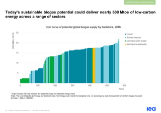 30 | Outlook for biogas and biomethane | IEA 2020. All rights reserved
Sustainable supply potential & costs
Today’s sustainable biogas potential could deliver nearly 600 Mtoe of low-carbon
energy across a range of sectors
Cost curve of potential global biogas supply by feedstock, 2018
* Crops includes only crop residues and sequential crops (not dedicated energy crops).
Notes: The curve integrates technology and feedstock costs. Technology costs include the biodigester only, i.e. excluding any costs for equipment to transform biogas into power
and heat. 1 MBtu = 0.29 MWh.
5
10
15
20
25
0 100 200 300 400 500 600
USD/MBtu
(2018)
Crops*
Animal manure
Municipal solid waste
Municipal wastewater
Mtoe
 