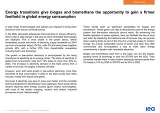 44 | Outlook for biogas and biomethane | IEA 2020. All rights reserved
Outlook to 2040
Energy transitions give biogas and biomethane the opportunity to gain a firmer
foothold in global energy consumption
A wide range of technologies and policies are required to bring down
emissions and ensure universal access.
In the SDS, alongside widespread improvements in energy efficiency,
there is also a step change in the pace at which renewable technologies
are deployed. This is most visible in the power sector, where
renewables provide two-thirds of electricity supply worldwide by 2040
(up from one-quarter today). Of this, solar PV and wind power together
provide 40%, with a further 25% from dispatchable renewables
including hydro and bioenergy.
The growth in low-carbon electricity is accompanied by the rising
importance of electricity as an energy carrier. The share of electricity in
global final consumption rises from 19% today to more than 30% by
2040. The increase in electricity demand in the SDS comes from a
variety of sources; the largest is electric vehicles.
However, even with rapid growth in low-carbon electricity, more than
two-thirds of final consumption in 2040 in the SDS comes from other
sources, mainly from liquids and gases.
And even if electricity use were to grow even faster and the complete
technical potential for electrification were deployed, there would still be
sectors requiring other energy sources (given today’s technologies),
with most of the world’s shipping, aviation and certain industrial
processes not yet “electric-ready”.
These trends open up significant possibilities for biogas and
biomethane. These gases can help to decarbonise parts of the energy
system that low-carbon electricity cannot reach. By enhancing the
flexible operation of power systems, they can facilitate the rise of wind
and solar. By displacing the traditional use of biomass, they can provide
clean cooking fuels as part of the drive for universal access to modern
energy. As a local, sustainable source of power and heat, they offer
communities and municipalities a way to meet clean energy
commitments in tandem with renewable electricity.
Biogas and biomethane start from a low base, but are the fastest-
growing forms of bioenergy in both the STEPS and the SDS. Their
combined market share in total modern bioenergy demand grows from
5% today to 12% by 2040 in STEPS and to 20% in SDS.
 