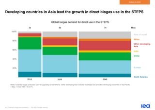 46 | Outlook for biogas and biomethane | IEA 2020. All rights reserved
Outlook to 2040
Developing countries in Asia lead the growth in direct biogas use in the STEPS
Global biogas demand for direct use in the STEPS
Notes: Excludes biogas production used for upgrading to biomethane. “Other developing Asia” includes Southeast Asia and other developing economies in Asia Pacific.
1 Mtoe = 11.63 TWh = 41.9 PJ.
20%
40%
60%
80%
100%
2018 2030 2040
35 50 75 Mtoe
Rest of world
Africa
Other developing
Asia
India
China
Europe
North America
 
