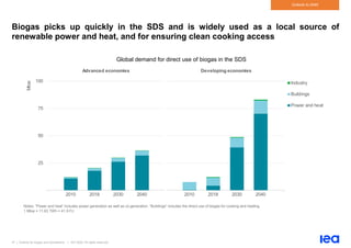 47 | Outlook for biogas and biomethane | IEA 2020. All rights reserved
Outlook to 2040
Biogas picks up quickly in the SDS and is widely used as a local source of
renewable power and heat, and for ensuring clean cooking access
Global demand for direct use of biogas in the SDS
Notes: “Power and heat” includes power generation as well as co-generation. “Buildings” includes the direct use of biogas for cooking and heating.
1 Mtoe = 11.63 TWh = 41.9 PJ.
25
50
75
100
2010 2018 2030 2040 2010 2018 2030 2040
Mtoe
Industry
Buildings
Power and heat
Advanced economies Developing economies
 