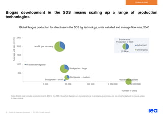 49 | Outlook for biogas and biomethane | IEA 2020. All rights reserved
Outlook to 2040
Biogas development in the SDS means scaling up a range of production
technologies
Global biogas production for direct use in the SDS by technology, units installed and average flow rate, 2040
Notes: Bubble size indicates production level in 2040 in the SDS. Household digesters are considered only in developing economies, and are primarily deployed to ensure access
to clean cooking.
Biodigester - small
Biodigester - medium
Biodigester - large
Landfill gas recovery
Wastewater digester
Bubble size:
Production in SDS
20 Mtoe
Household digesters
500
1000
1500
2000
2500
100 1 000 10 000 100 000 1 000 000 10 000 000
Average
unit
size
(m
3
/hr)
Number of units
Advanced
Developing
 
