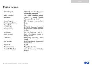 89 | Outlook for biogas and biomethane | IEA 2020. All rights reserved
Annex
Peer reviewers
ABIOGAS – Brazilian Biogas and
Biomethane Association
CIB – Italian Consortium Biogas
CNREC – China National
Renewable Energy Center
EIB – European Investment Bank
Engie
Eni
ENTSOG - European Network of
Transmission System Operators
for Gas
IEA TCP - Bioenergy - Task 37
OIES – The Oxford Institute for
Energy Studies
Seokyeong University, Seoul
Korea
SNV – Netherlands Development
Organisation
SUEZ
Tokyo Gas Co., Ltd.
Gabriel Kropsch
Marco Pezzaglia
Dou Kejun
Susana Lagarto
Marta Kamola-Martines
Ottavia Stella
Séan Kinsella
Cihan Soenmez
Jerry Murphy
Martin Lambert
Kim Gi-Eun
Wim van Nes
Pablo Kroff
Masazumi Hirono
Denise M Mulholland U.S. Environmental Protection
Agency
 
