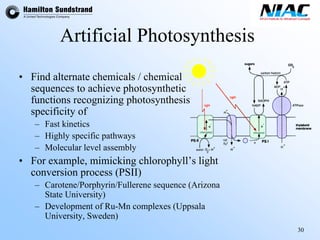 30 
Artificial Photosynthesis 
•Find alternate chemicals / chemical sequences to achieve photosynthetic functions recognizing photosynthesis specificity of–Fast kinetics–Highly specific pathways–Molecular level assembly •For example, mimicking chlorophyll’s light conversion process (PSII) –Carotene/Porphyrin/Fullerene sequence (Arizona State University) –Development of Ru-Mncomplexes (Uppsala University, Sweden)  