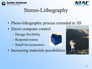 34 
Stereo-Lithography 
•Photo-lithographic process extended to 3D•Direct computer control–Design flexibility–Responsiveness–Small lot economics•Increasing materials possibilities  