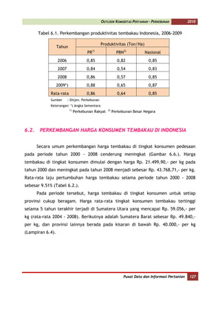 OUTLOOK KOMODITAS PERTANIAN - PERKEBUNAN            2010


       Tabel 6.1. Perkembangan produktivitas tembakau Indonesia, 2006-2009

                                                Produktivitas (Ton/Ha)
                  Tahun
                                       PR1)                PBN2)          Nasional
                  2006                 0,85                0,82             0,85
                  2007                 0,84                0,54             0,83
                  2008                 0,86                0,57             0,85
                  2009*)               0,88                0,65             0,87
             Rata-rata                 0,86                0,64             0,85
             Sumber      : Ditjen. Perkebunan
             Keterangan: *) Angka Sementara
                           1)                       2)
                                Perkebunan Rakyat        Perkebunan Besar Negara



6.2.    PERKEMBANGAN HARGA KONSUMEN TEMBAKAU DI INDONESIA


       Secara umum perkembangan harga tembakau di tingkat konsumen pedesaan
pada periode tahun 2000 - 2008 cenderung meningkat (Gambar 6.6.). Harga
tembakau di tingkat konsumen dimulai dengan harga Rp. 21.499,90,- per kg pada
tahun 2000 dan meningkat pada tahun 2008 menjadi sebesar Rp. 43.768,71,- per kg.
Rata-rata laju pertumbuhan harga tembakau selama periode tahun 2000 - 2008
sebesar 9.51% (Tabel 6.2.).
       Pada periode tersebut, harga tembakau di tingkat konsumen untuk setiap
provinsi cukup beragam. Harga rata-rata tingkat konsumen tembakau tertinggi
selama 5 tahun terakhir terjadi di Sumatera Utara yang mencapai Rp. 59.056,- per
kg (rata-rata 2004 - 2008). Berikutnya adalah Sumatera Barat sebesar Rp. 49.840,-
per kg, dan provinsi lainnya berada pada kisaran di bawah Rp. 40.000,- per kg
(Lampiran 6.4).




                                                               Pusat Data dan Informasi Pertanian    127
 