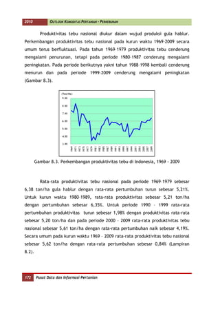 2010           OUTLOOK KOMODITAS PERTANIAN - PERKEBUNAN


          Produktivitas tebu nasional diukur dalam wujud produksi gula hablur.
Perkembangan produktivitas tebu nasional pada kurun waktu 1969–2009 secara
umum terus berfluktuasi. Pada tahun 1969–1979 produktivitas tebu cenderung
mengalami penurunan, tetapi pada periode 1980–1987 cenderung mengalami
peningkatan. Pada periode berikutnya yakni tahun 1988–1998 kembali cenderung
menurun dan pada periode 1999–2009 cenderung mengalami peningkatan
(Gambar 8.3).




        Gambar 8.3. Perkembangan produktivitas tebu di Indonesia, 1969 - 2009



          Rata-rata produktivitas tebu nasional pada periode 1969–1979 sebesar
6,38 ton/ha gula hablur dengan rata-rata pertumbuhan turun sebesar 5,21%.
Untuk kurun waktu 1980–1989, rata-rata produktivitas sebesar 5,21 ton/ha
dengan pertumbuhan sebesar 6,35%. Untuk periode 1990 – 1999 rata-rata
pertumbuhan produktivitas turun sebesar 1,98% dengan produktivitas rata-rata
sebesar 5,20 ton/ha dan pada periode 2000 – 2009 rata-rata produktivitas tebu
nasional sebesar 5,61 ton/ha dengan rata-rata pertumbuhan naik sebesar 4,19%.
Secara umum pada kurun waktu 1969 – 2009 rata-rata produktivitas tebu nasional
sebesar 5,62 ton/ha dengan rata-rata pertumbuhan sebesar 0,84% (Lampiran
8.2).




172     Pusat Data dan Informasi Pertanian
 