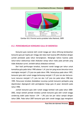 OUTLOOK KOMODITAS PERTANIAN - PERKEBUNAN        2010




              Gambar 8.8. Provinsi sentra produksi tebu Nasional, 2009



8.2. PERKEMBANGAN KONSUMSI GULA DI INDONESIA


     Konsumsi gula nasional oleh rumah tangga per tahun dihitung berdasarkan
konsumsi gula per kapita per minggu dari data hasil Susenas BPS dikalikan dengan
jumlah penduduk pada tahun bersangkutan. Mengingat bahwa Susenas pada
tahun-tahun sebelumnya tidak dilakukan setiap tahun maka pada periode yang
tidak dilakukan survei, terlebih dahulu dilakukan estimasi.
     Dari hasil perhitungan tersebut, konsumsi rumah tangga per tahun untuk
komoditas gula pada tahun 1990 sebesar 1,41 juta ton yang secara beruntun terus
meningkat menjadi 1,73 juta ton pada tahun 1996. Selanjutnya pada tahun 1997,
konsumsi gula oleh rumah tangga berkurang menjadi 1,72 juta ton dan berturut-
turut menurun menjadi 1,71 juta ton dan 1,67 juta ton pada tahun 1998 dan
1999. Penurunan tersebut disebabkan turunnya jumlah konsumsi perkapita yang
diperkirakan dipengaruhi oleh peningkatan harga gula di pasar domestik pada
tahun 1998.
     Jumlah konsumsi gula oleh rumah tangga kembali naik pada tahun 2000-
2002, tetapi setelah periode tersebut jumlah konsumsi gula oleh rumah tangga
cenderung stabil pada kisaran 1,94 - 1,96 juta ton per tahun sampai dengan
tahun 2006. Pada tahun 2007 konsumsi gula oleh rumah tangga juga mengalami

                                               Pusat Data dan Informasi Pertanian   177
 