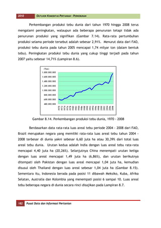 2010          OUTLOOK KOMODITAS PERTANIAN - PERKEBUNAN


         Perkembangan produksi tebu dunia dari tahun 1970 hingga 2008 terus
mengalami peningkatan, walaupun ada beberapa penurunan tetapi tidak ada
penurunan produksi yang signifikan (Gambar 7.14). Rata-rata pertumbuhan
produksi selama periode tersebut adalah sebesar 2,91%. Menurut data dari FAO,
produksi tebu dunia pada tahun 2005 mencapai 1,74 milyar ton (dalam bentuk
tebu). Peningkatan produksi tebu dunia yang cukup tinggi terjadi pada tahun
2007 yaitu sebesar 14,71% (Lampiran 8.6).




           Gambar 8.14. Perkembangan produksi tebu dunia, 1970 - 2008

         Berdasarkan data rata-rata luas areal tebu periode 2004 - 2008 dari FAO,
Brazil merupakan negara yang memiliki rata-rata luas areal tebu tahun 2004 -
2008 terbesar di dunia yakni sebesar 6,60 juta ha atau 30,39% dari total luas
areal tebu dunia. Urutan kedua adalah India dengan luas areal tebu rata-rata
mencapai 4,40 juta ha (20,26%). Selanjutnya China menempati urutan ketiga
dengan luas areal mencapai 1,49 juta ha (6,86%), dan urutan berikutnya
ditempati oleh Pakistan dengan luas areal mencapai 1,04 juta ha, kemudian
disusul oleh Thailand dengan luas areal sebesar 1,04 juta ha (Gambar 8.15).
Sementara itu, Indonesia berada pada posisi 11 dibawah Meksiko, Kuba, Afrika
Selatan, Australia dan Kolombia yang menempati posisi 6 sampai 10. Luas areal
tebu beberapa negara di dunia secara rinci disajikan pada Lampiran 8.7.




182    Pusat Data dan Informasi Pertanian
 