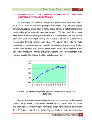OUTLOOK KOMODITAS PERTANIAN - PERKEBUNAN          2010


3.5. PERKEMBANGAN LUAS TANAMAN MENGHASILKAN, PRODUKSI
     DAN PRODUKTIVITAS KELAPA DUNIA

     Perkembangan luas tanaman menghasilkan kelapa dunia pada tahun 1970-
2008 secara umum menunjukkan peningkatan (Gambar 3.10). Meskipun terjadi
penurunan luas pada tahun-tahun tertentu, dalam periode tersebut luas tanaman
menghasilkan kelapa rata-rata meningkat sebesar 1,39% per tahun. Pada tahun
1970 total luas tanaman menghasilkan kelapa di dunia sebesar 6,69 juta ha dan
pada tahun 2008 telah terjadi peningkatan menjadi 11,21 juta ha. Luas tanaman
menghasilkan tertinggi dicapai pada tahun 1999 sebesar 11,49 juta ha. Pada
tahun 2000 terjadi penurunan luas tanaman menghasilkan kelapa sebesar 7,82%,
setelah tahun tersebut luas tanaman menghasilkan kelapa cenderung lebih stabil
dan tidak mengalami banyak perubahan. Secara rinci perkembangan luas
tanaman menghasilkan kelapa disajikan pada Lampiran 3.8.




     Gambar 3.10. Perkembangan luas tanaman menghasilkan kelapa dunia,
                                1970-2008


     Sejalan dengan perkembangan luas tanaman menghasilkan, perkembangan
produksi kelapa dunia (dalam bentuk “kelapa segar”) selama tahun 1970-2008
juga menunjukkan kecenderungan meningkat tetapi lebih berfluktuasi (Gambar
3.11). Pada periode tersebut terjadi peningkatan produksi kelapa dunia rata-rata

                                               Pusat Data dan Informasi Pertanian    41
 