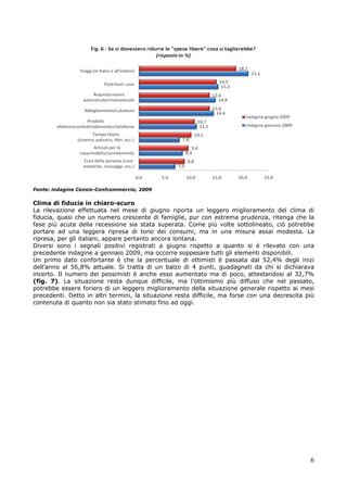 Fonte: indagine Censis-Confcommercio, 2009

Clima di fiducia in chiaro-scuro
La rilevazione effettuata nel mese di giugno riporta un leggero miglioramento del clima di
fiducia, quasi che un numero crescente di famiglie, pur con estrema prudenza, ritenga che la
fase più acuta della recessione sia stata superata. Come più volte sottolineato, ciò potrebbe
portare ad una leggera ripresa di tono dei consumi, ma in una misura assai modesta. La
ripresa, per gli italiani, appare pertanto ancora lontana.
Diversi sono i segnali positivi registrati a giugno rispetto a quanto si è rilevato con una
precedente indagine a gennaio 2009, ma occorre soppesare tutti gli elementi disponibili.
Un primo dato confortante è che la percentuale di ottimisti è passata dal 52,4% degli inizi
dell’anno al 56,8% attuale. Si tratta di un balzo di 4 punti, guadagnati da chi si dichiarava
incerto. Il numero dei pessimisti è anche esso aumentato ma di poco, attestandosi al 32,7%
(fig. 7). La situazione resta dunque difficile, ma l’ottimismo più diffuso che nel passato,
potrebbe essere foriero di un leggero miglioramento della situazione generale rispetto ai mesi
precedenti. Detto in altri termini, la situazione resta difficile, ma forse con una decrescita più
contenuta di quanto non sia stato stimato fino ad oggi.




                                                                                                6
 