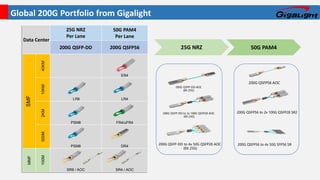 Global 200G Portfolio from Gigalight
Data Center
25G NRZ
Per Lane
50G PAM4
Per Lane
200G QSFP-DD 200G QSFP56
SMF
40KM
ER4
10KM
LR8 LR4
2KM
PSM8 FR4/uFR4
500M
PSM8 DR4
MMF
100M
SR8 / AOC SR4 / AOC
200G QSFP-DD AOC
(8X 25G)
200G QSFP-DD to 2x 100G QSFP28 AOC
(8X 25G)
200G QSFP-DD to 4x 50G QSFP28 AOC
(8X 25G)
200G QSFP56 AOC
200G QSFP56 to 2x 100G QSFP28 SR2
200G QSFP56 to 4x 50G SFP56 SR
25G NRZ 50G PAM4
 