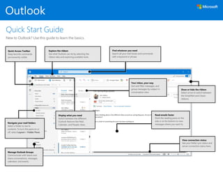Outlook
Quick Start Guide
New to Outlook? Use this guide to learn the basics.
Quick Access Toolbar
Keep favorite commands
permanently visible.
Explore the ribbon
See what Outlook can do by selecting the
ribbon tabs and exploring available tools.
Find whatever you need
Search all your mail boxes and commands
with a keyword or phrase.
Your inbox, your way
Sort and filter messages, and
group messages by subject in
conversation view
Show or hide the ribbon
Select arrow to switch between
the Simplified and Classic
ribbons.
Display what you need
Switch between the different
Outlook features like Mail,
Calendar, and People views.
Navigate your mail folders
Select a folder to see its
contents. To turn this pane on or
off, select Layout > Folder Pane.
Read emails faster
Dock the reading pane on the
side or at the bottom to view
messages where you want to.
Manage Outlook Groups
Communicate with teams and
share conversations, messages,
calendars, and events.
View connection status
See your folder sync status and
server connection status here.
 