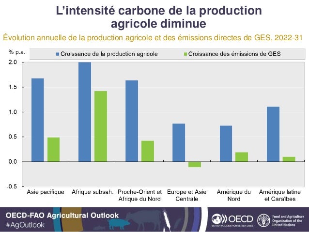 L’intensité carbone de la production
agricole diminue
Évolution annuelle de la production agricole et des émissions direct...