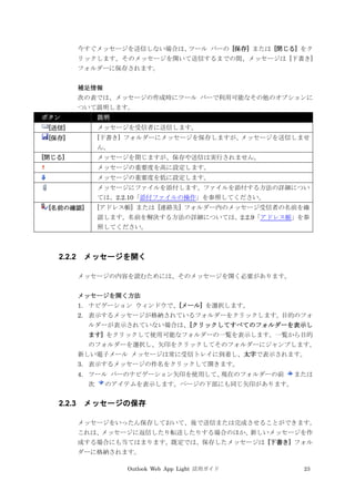 Outlook Web App Light 活用ガイド 23
今すぐメッセージを送信しない場合は、ツール バーの [保存] または [閉じる] をク
リックします。そのメッセージを開いて送信するまでの間、メッセージは [下書き]
フォルダーに保存されます。
補足情報
次の表では、メッセージの作成時にツール バーで利用可能なその他のオプションに
ついて説明します。
ボタン 説明
[送信] メッセージを受信者に送信します。
[保存] [下書き] フォルダーにメッセージを保存しますが、メッセージを送信しませ
ん。
[閉じる] メッセージを閉じますが、保存や送信は実行されません。
メッセージの重要度を高に設定します。
メッセージの重要度を低に設定します。
メッセージにファイルを添付します。ファイルを添付する方法の詳細につい
ては、2.2.10「添付ファイルの操作」を参照してください。
[名前の確認] [アドレス帳] または [連絡先] フォルダー内のメッセージ受信者の名前を確
認します。名前を解決する方法の詳細については、2.2.9「アドレス帳」を参
照してください。
2.2.2 メッセージを開く
メッセージの内容を読むためには、そのメッセージを開く必要があります。
メッセージを開く方法
1. ナビゲーション ウィンドウで、[メール] を選択します。
2. 表示するメッセージが格納されているフォルダーをクリックします。目的のフォ
ルダーが表示されていない場合は、[クリックしてすべてのフォルダーを表示し
ます] をクリックして使用可能なフォルダーの一覧を表示します。一覧から目的
のフォルダーを選択し、矢印をクリックしてそのフォルダーにジャンプします。
新しい電子メール メッセージは常に受信トレイに到着し、太字で表示されます。
3. 表示するメッセージの件名をクリックして開きます。
4. ツール バーのナビゲーション矢印を使用して、現在のフォルダーの前 または
次 のアイテムを表示します。ページの下部にも同じ矢印があります。
2.2.3 メッセージの保存
メッセージをいったん保存しておいて、後で送信または完成させることができます。
これは、メッセージに返信したり転送したりする場合のほか、新しいメッセージを作
成する場合にも当てはまります。既定では、保存したメッセージは [下書き] フォル
ダーに格納されます。
 