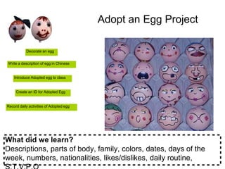 Adopt an Egg Project
Decorate an egg
Write a description of egg in Chinese
Introduce Adopted egg to class
Create an ID for Adopted Egg
Record daily activities of Adopted egg
What did we learn?
Descriptions, parts of body, family, colors, dates, days of the
week, numbers, nationalities, likes/dislikes, daily routine,
 