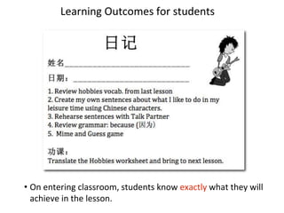 Learning Outcomes for students
• On entering classroom, students know exactly what they will
achieve in the lesson.
 