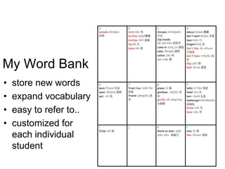 My Word Bank
• store new words
• expand vocabulary
• easy to refer to..
• customized for
each individual
student
90
 
