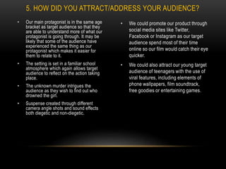 • Our main protagonist is in the same age
bracket as target audience so that they
are able to understand more of what our
protagonist is going through. It may be
likely that some of the audience have
experienced the same thing as our
protagonist which makes it easier for
them to relate to it.
• The setting is set in a familiar school
atmosphere which again allows target
audience to reflect on the action taking
place.
• The unknown murder intrigues the
audience as they wish to find out who
drowned the girl.
• Suspense created through different
camera angle shots and sound effects
both diegetic and non-diegetic.
• We could promote our product through
social media sites like Twitter,
Facebook or Instagram as our target
audience spend most of their time
online so our film would catch their eye
quicker.
• We could also attract our young target
audience of teenagers with the use of
viral features, including elements of
phone wallpapers, film soundtrack,
free goodies or entertaining games.
5. HOW DID YOU ATTRACT/ADDRESS YOUR AUDIENCE?
 