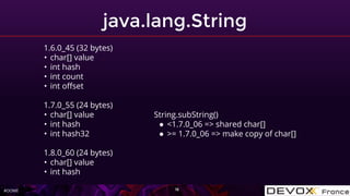 #OOME
java.lang.String
16
1.6.0_45 (32 bytes)
• char[] value
• int hash
• int count
• int offset
1.7.0_55 (24 bytes)
• char[] value
• int hash
• int hash32
1.8.0_60 (24 bytes)
• char[] value
• int hash
String.subString()
● <1.7.0_06 => shared char[]
● >= 1.7.0_06 => make copy of char[]
 