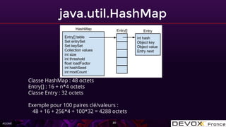 #OOME
java.util.HashMap
20
Classe HashMap : 48 octets
Entry[] : 16 + n*4 octets
Classe Entry : 32 octets
Exemple pour 100 paires clé/valeurs :
48 + 16 + 256*4 + 100*32 = 4288 octets
 