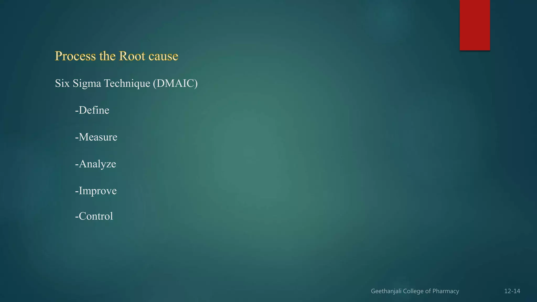 Six Sigma Technique (DMAIC)
-Define
-Measure
-Analyze
-Improve
-Control
 