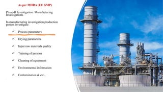 As per MHRA (EU GMP)
Phase-II Investigation: Manufacturing
Investigations
In manufacturing investigation production
person investigate:
 Process parameters
 Drying parameters
 Input raw materials quality
 Training of persons
 Cleaning of equipment
 Environmental information
 Contamination & etc..


 