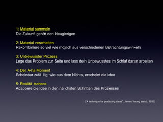 1: Material sammeln 
Die Zukunft gehört den Neugierigen 
2: Material verarbeiten 
Rekombiniere so viel wie möglich aus verschiedenen Betrachtungswinkeln 
3: Unbewusster Prozess 
Lege das Problem zur Seite und lass dein Unbewusstes im Schlaf daran arbeiten 
4: Der A-ha Moment 
Scheinbar zufä llig, wie aus dem Nichts, erscheint die Idee 
5: Realitä tscheck 
Adaptiere die Idee in den nä chsten Schritten des Prozesses 
("A technique for producing ideas", James Young Webb, 1939) 
 
