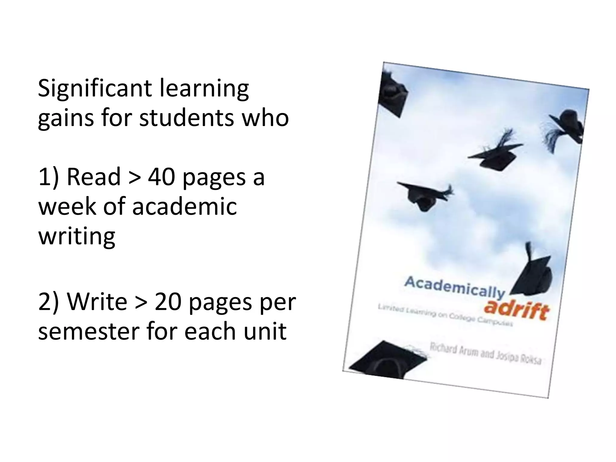 Significant learning
gains for students who
1) Read > 40 pages a
week of academic
writing
2) Write > 20 pages per
semester for each unit
 