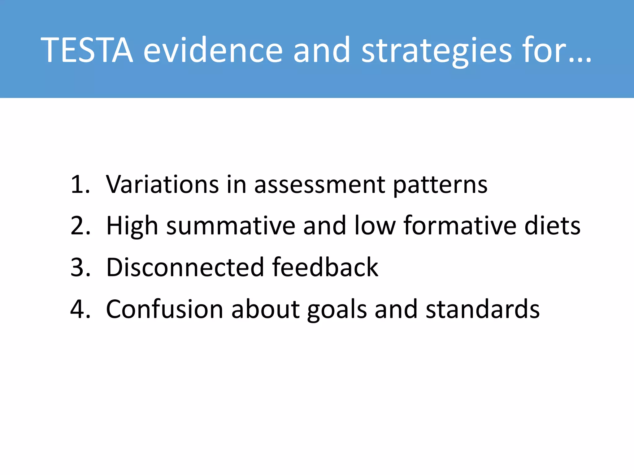 TESTA evidence and strategies for…
1. Variations in assessment patterns
2. High summative and low formative diets
3. Disconnected feedback
4. Confusion about goals and standards
 