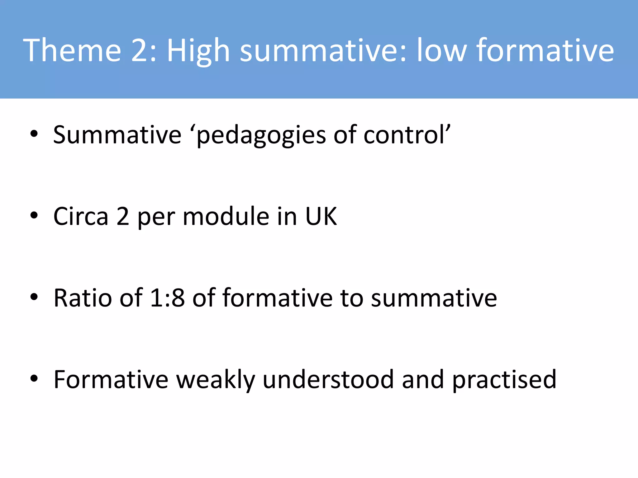 Theme 2: High summative: low formative
• Summative ‘pedagogies of control’
• Circa 2 per module in UK
• Ratio of 1:8 of formative to summative
• Formative weakly understood and practised
 