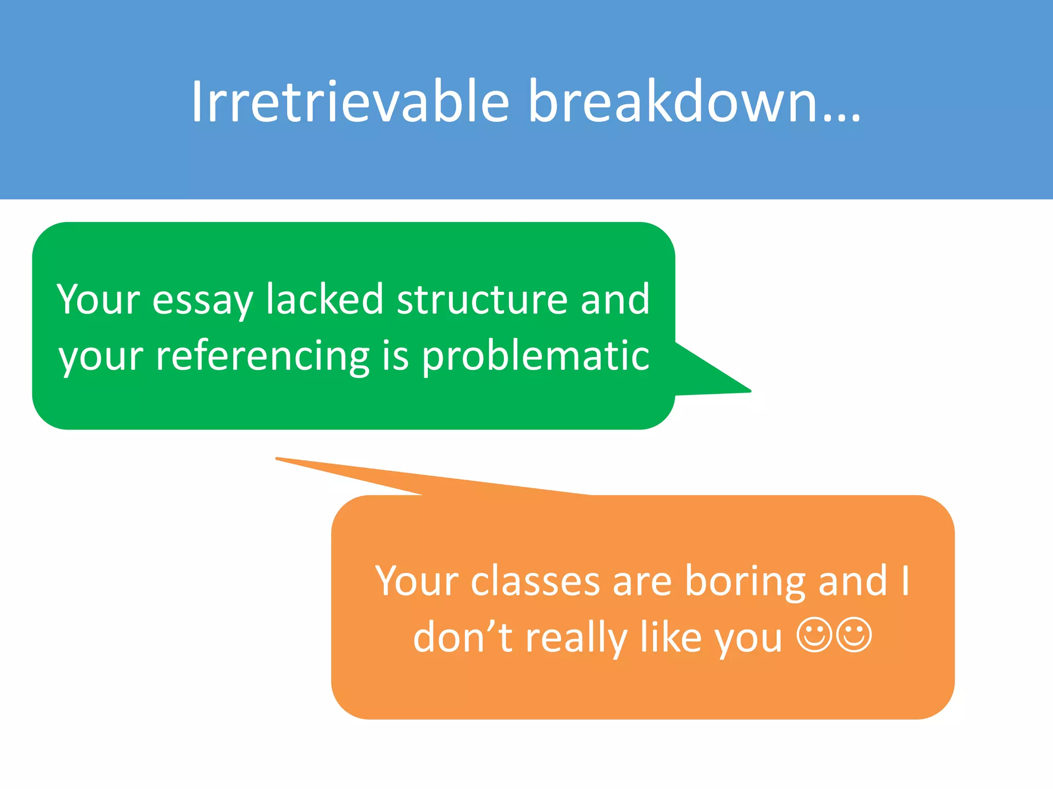 Irretrievable breakdown…
Your essay lacked structure and
your referencing is problematic
Your classes are boring and I
don’t really like you 
 
