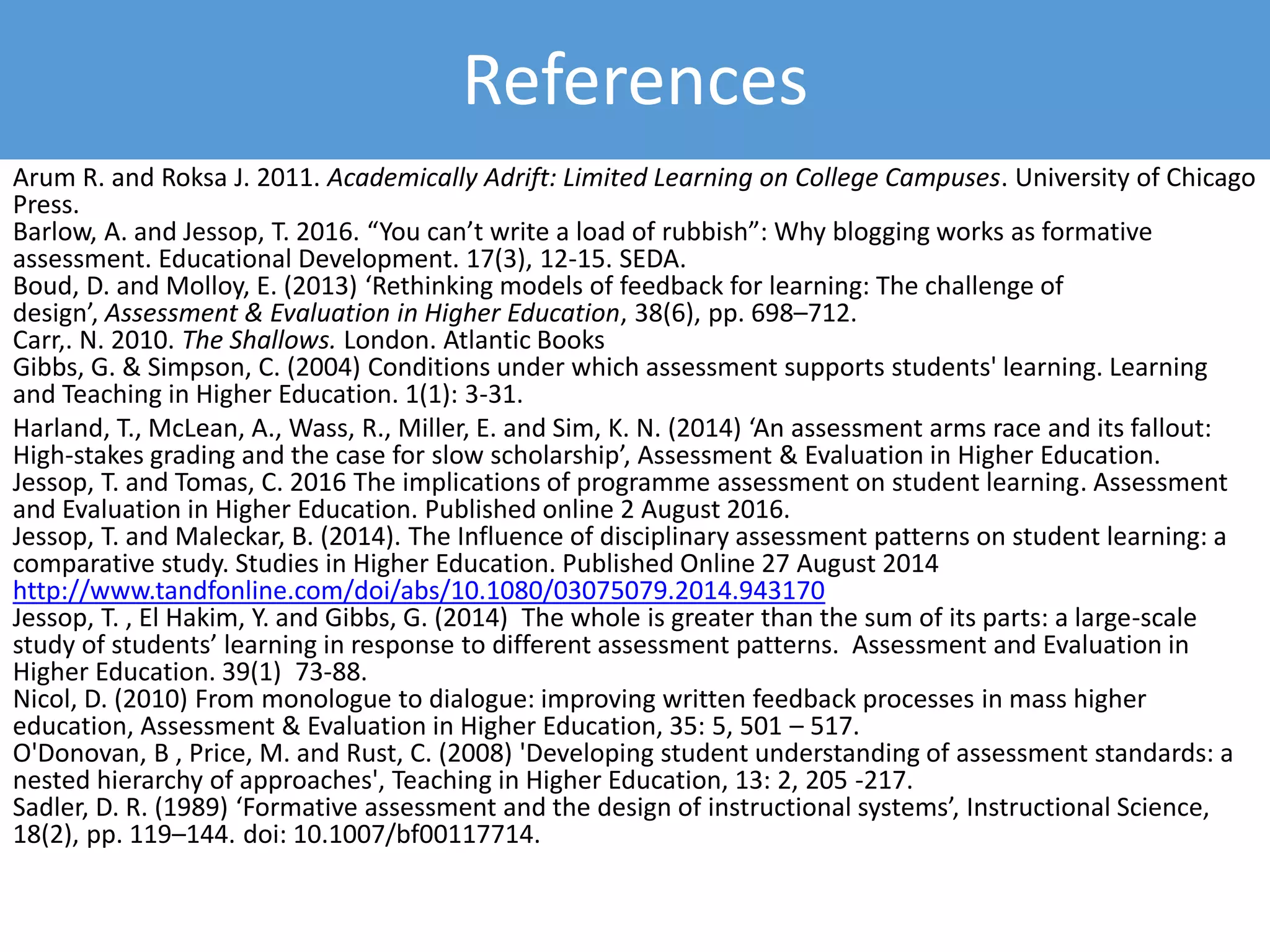 References
Arum R. and Roksa J. 2011. Academically Adrift: Limited Learning on College Campuses. University of Chicago
Press.
Barlow, A. and Jessop, T. 2016. “You can’t write a load of rubbish”: Why blogging works as formative
assessment. Educational Development. 17(3), 12-15. SEDA.
Boud, D. and Molloy, E. (2013) ‘Rethinking models of feedback for learning: The challenge of
design’, Assessment & Evaluation in Higher Education, 38(6), pp. 698–712.
Carr,. N. 2010. The Shallows. London. Atlantic Books
Gibbs, G. & Simpson, C. (2004) Conditions under which assessment supports students' learning. Learning
and Teaching in Higher Education. 1(1): 3-31.
Harland, T., McLean, A., Wass, R., Miller, E. and Sim, K. N. (2014) ‘An assessment arms race and its fallout:
High-stakes grading and the case for slow scholarship’, Assessment & Evaluation in Higher Education.
Jessop, T. and Tomas, C. 2016 The implications of programme assessment on student learning. Assessment
and Evaluation in Higher Education. Published online 2 August 2016.
Jessop, T. and Maleckar, B. (2014). The Influence of disciplinary assessment patterns on student learning: a
comparative study. Studies in Higher Education. Published Online 27 August 2014
http://www.tandfonline.com/doi/abs/10.1080/03075079.2014.943170
Jessop, T. , El Hakim, Y. and Gibbs, G. (2014) The whole is greater than the sum of its parts: a large-scale
study of students’ learning in response to different assessment patterns. Assessment and Evaluation in
Higher Education. 39(1) 73-88.
Nicol, D. (2010) From monologue to dialogue: improving written feedback processes in mass higher
education, Assessment & Evaluation in Higher Education, 35: 5, 501 – 517.
O'Donovan, B , Price, M. and Rust, C. (2008) 'Developing student understanding of assessment standards: a
nested hierarchy of approaches', Teaching in Higher Education, 13: 2, 205 -217.
Sadler, D. R. (1989) ‘Formative assessment and the design of instructional systems’, Instructional Science,
18(2), pp. 119–144. doi: 10.1007/bf00117714.
 