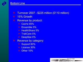 Bottom Line Turnover 2007 - $225 million (£110 million) 15% Growth Revenue by product: Cache 85% Ensemble 5% HealthShare 5% TrakCare 5% DeepSee 0% Revenue by category: Support 60% License 30% Other 10% 