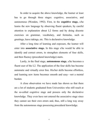 In order to acquire the above knowledge, the learner at least
has to go through three stages: cognitive, associative, and
autonomous (Wenden, 1992). First, in the cognitive stage, s/he
learns the new language by observing fluent speakers, by careful
attention to explanation about L2 forms and by doing discrete
exercises on grammar, vocabulary, and formulas, such as
greetings, leave takings, etc. This is declarative knowledge.
After a long time of learning and exposure, the learner will
enter into associative stage. In this stage s/he would be able to
identify and correct errors, to strengthen elements of four skills,
and then fluency (procedural knowledge) starts.
Lastly, in the final stage, autonomous stage, s/he becomes a
fluent user of the L2. The application of the four skills has become
automatic and virtually error free. His/her skills become effortless,
and learning new items becomes smooth and easy—not a mental
burden.
A close observation we have made has shown us that there
are a lot of students graduated from Universities who still reach at
the so-called cognitive stage and possess only the declarative
knowledge. They even have not entered the associative stage since
they cannot see their own errors and, thus, still a long way away
from the autonomous stage possessing procedural knowledge.
4
 