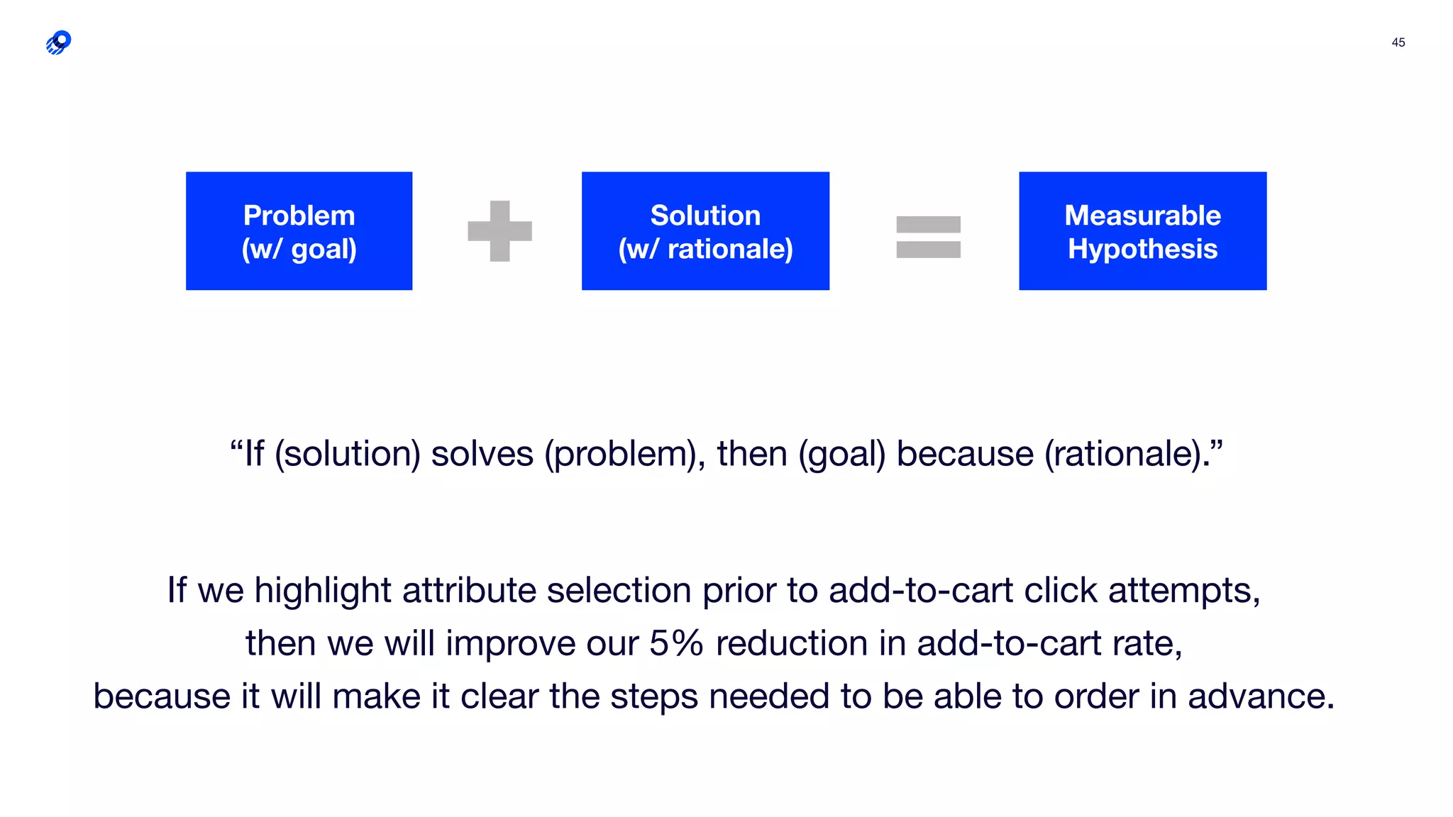 45
Problem
(w/ goal)
Solution
(w/ rationale)
Measurable
Hypothesis
If we highlight attribute selection prior to add-to-cart click attempts,
then we will improve our 5% reduction in add-to-cart rate,
because it will make it clear the steps needed to be able to order in advance.
“If (solution) solves (problem), then (goal) because (rationale).”
 