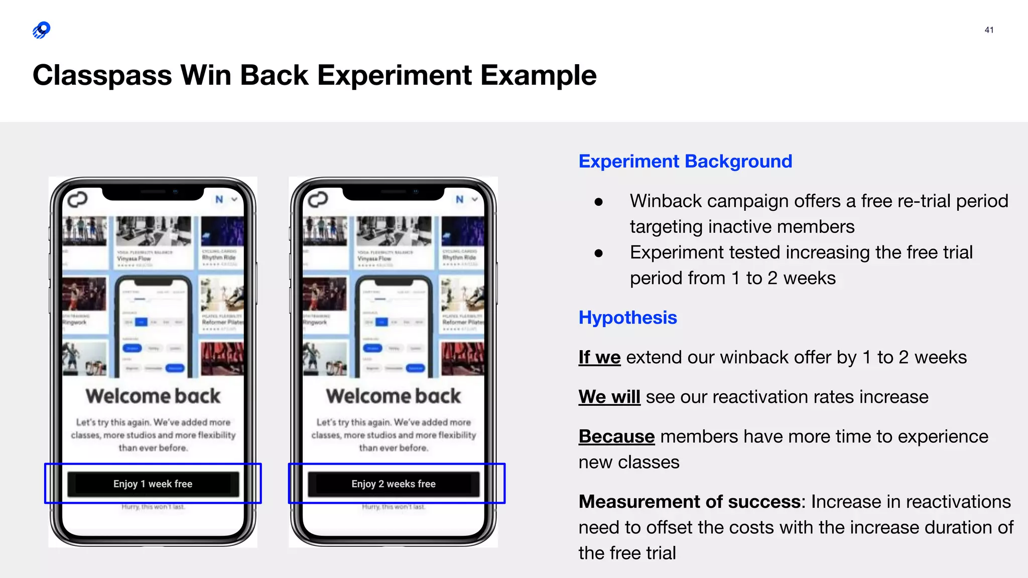 41
Classpass Win Back Experiment Example
Experiment Background
● Winback campaign oﬀers a free re-trial period
targeting inactive members
● Experiment tested increasing the free trial
period from 1 to 2 weeks
Hypothesis
If we extend our winback oﬀer by 1 to 2 weeks
We will see our reactivation rates increase
Because members have more time to experience
new classes
Measurement of success: Increase in reactivations
need to oﬀset the costs with the increase duration of
the free trial
Enjoy 2 weeks freeEnjoy 1 week free
 