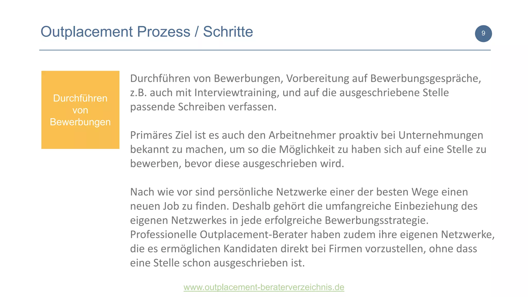 www.outplacement-beraterverzeichnis.de
9Outplacement Prozess / Schritte
Durchführen von Bewerbungen, Vorbereitung auf Bewerbungsgespräche,
z.B. auch mit Interviewtraining, und auf die ausgeschriebene Stelle
passende Schreiben verfassen.
Primäres Ziel ist es auch den Arbeitnehmer proaktiv bei Unternehmungen
bekannt zu machen, um so die Möglichkeit zu haben sich auf eine Stelle zu
bewerben, bevor diese ausgeschrieben wird.
Nach wie vor sind persönliche Netzwerke einer der besten Wege einen
neuen Job zu finden. Deshalb gehört die umfangreiche Einbeziehung des
eigenen Netzwerkes in jede erfolgreiche Bewerbungsstrategie.
Professionelle Outplacement-Berater haben zudem ihre eigenen Netzwerke,
die es ermöglichen Kandidaten direkt bei Firmen vorzustellen, ohne dass
eine Stelle schon ausgeschrieben ist.
Durchführen
von
Bewerbungen
 