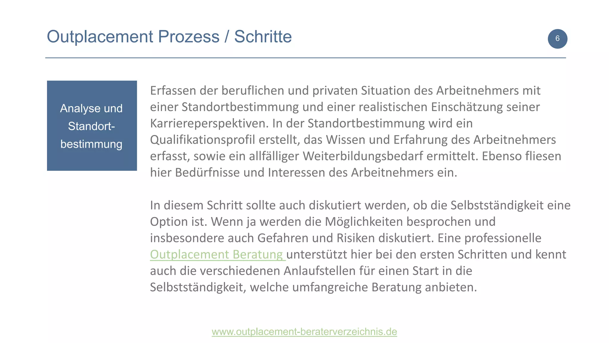 www.outplacement-beraterverzeichnis.de
6Outplacement Prozess / Schritte
Analyse und
Standort-
bestimmung
Erfassen der beruflichen und privaten Situation des Arbeitnehmers mit
einer Standortbestimmung und einer realistischen Einschätzung seiner
Karriereperspektiven. In der Standortbestimmung wird ein
Qualifikationsprofil erstellt, das Wissen und Erfahrung des Arbeitnehmers
erfasst, sowie ein allfälliger Weiterbildungsbedarf ermittelt. Ebenso fliesen
hier Bedürfnisse und Interessen des Arbeitnehmers ein.
In diesem Schritt sollte auch diskutiert werden, ob die Selbstständigkeit eine
Option ist. Wenn ja werden die Möglichkeiten besprochen und
insbesondere auch Gefahren und Risiken diskutiert. Eine professionelle
Outplacement Beratung unterstützt hier bei den ersten Schritten und kennt
auch die verschiedenen Anlaufstellen für einen Start in die
Selbstständigkeit, welche umfangreiche Beratung anbieten.
 