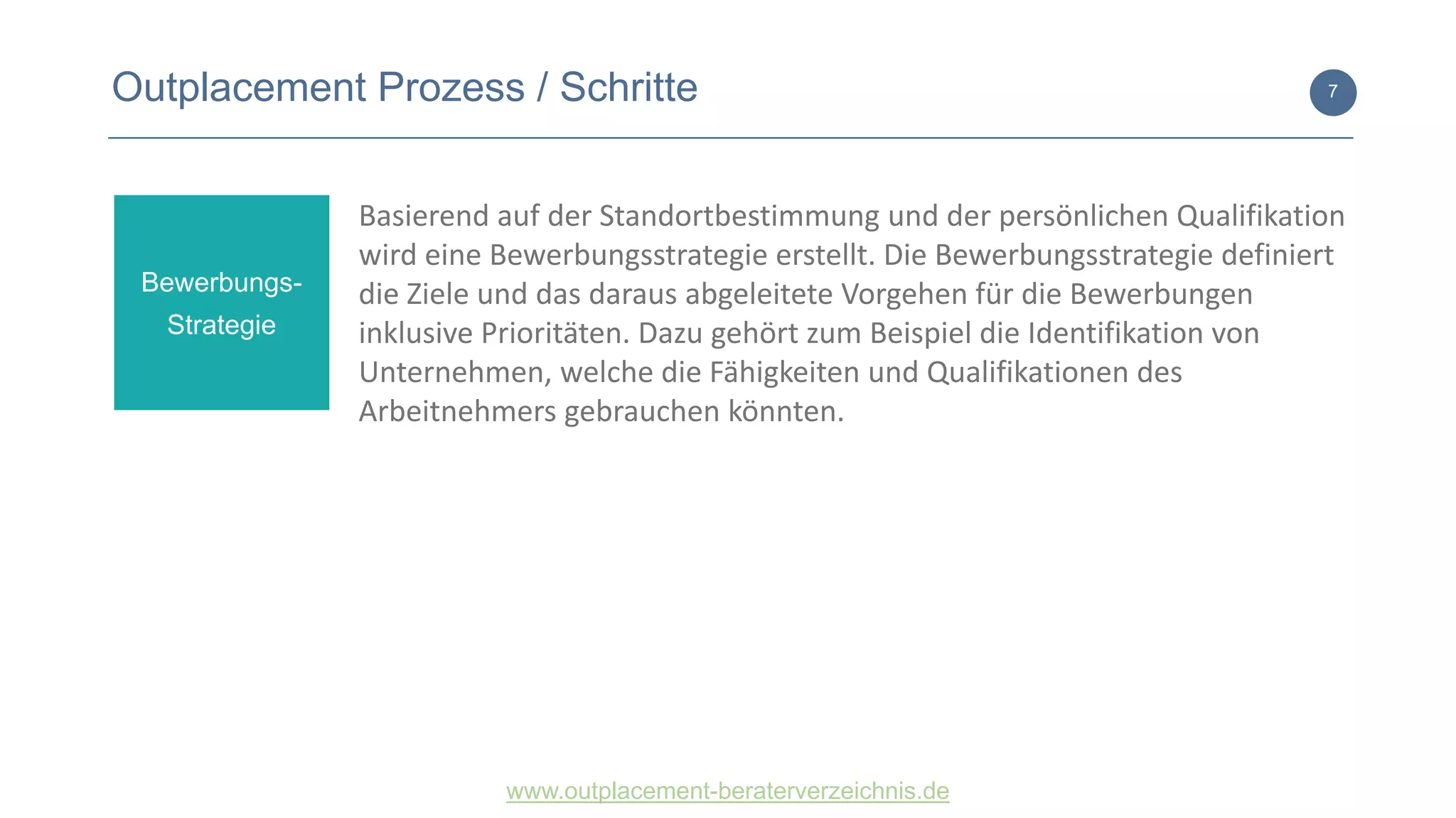 www.outplacement-beraterverzeichnis.de
7Outplacement Prozess / Schritte
Basierend auf der Standortbestimmung und der persönlichen Qualifikation
wird eine Bewerbungsstrategie erstellt. Die Bewerbungsstrategie definiert
die Ziele und das daraus abgeleitete Vorgehen für die Bewerbungen
inklusive Prioritäten. Dazu gehört zum Beispiel die Identifikation von
Unternehmen, welche die Fähigkeiten und Qualifikationen des
Arbeitnehmers gebrauchen könnten.
Bewerbungs-
Strategie
 
