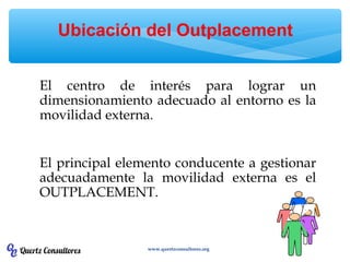 El centro de interés para lograr un
dimensionamiento adecuado al entorno es la
movilidad externa.
El principal elemento conducente a gestionar
adecuadamente la movilidad externa es el
OUTPLACEMENT.
Ubicación del Outplacement
www.quertzconsultores.org
 