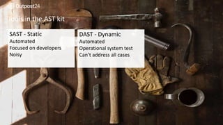 20
Tools in the AST kit
SAST - Static
Automated
Focused on developers
Noisy
DAST - Dynamic
Automated
Operational system test
Can’t address all cases
 