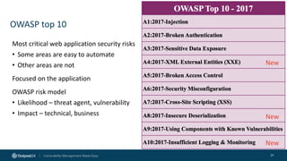 OWASP top 10
31
Most critical web application security risks
• Some areas are easy to automate
• Other areas are not
Focused on the application
OWASP risk model
• Likelihood – threat agent, vulnerability
• Impact – technical, business
New
New
New
 