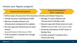 Initiate your Appsec program
36
• Include security in development SOW
• Monitor included software and
infrastructure components for updates
• Pen test app and infrastructure on each
release
(Outpost24 Snapshot / SWAT, Outscan / EWP)
• Track accepted / resolved risk, manage
recurrence
Outsourced Development
Internal Development
COTS + Customize
• Manage 3rd party software and
infrastructure in DevOps cycle
• Dynamic app and infrastructure on each
release (Outpost24 SWAT / Scale, Outscan / EWP)
• Automate distribution of AST results in
DevOps flow
• Include accepted / resolved risk in
release planning
• Define scope of assessment from business criticality and release frequency
 