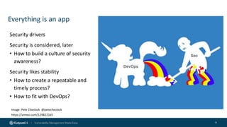 Everything is an app
8
Security drivers
Security is considered, later
• How to build a culture of security
awareness?
Security likes stability
• How to create a repeatable and
timely process?
• How to fit with DevOps?
Image: Pete Cheslock @petecheslock
https://vimeo.com/129822165
 