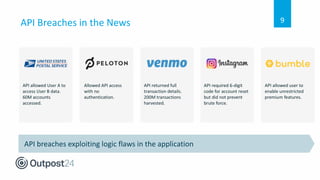 API Breaches in the News
API returned full
transaction details.
200M transactions
harvested.
Allowed API access
with no
authentication.
API allowed User A to
access User B data.
60M accounts
accessed.
API required 6-digit
code for account reset
but did not prevent
brute force.
API allowed user to
enable unrestricted
premium features.
API breaches exploiting logic flaws in the application
9
 