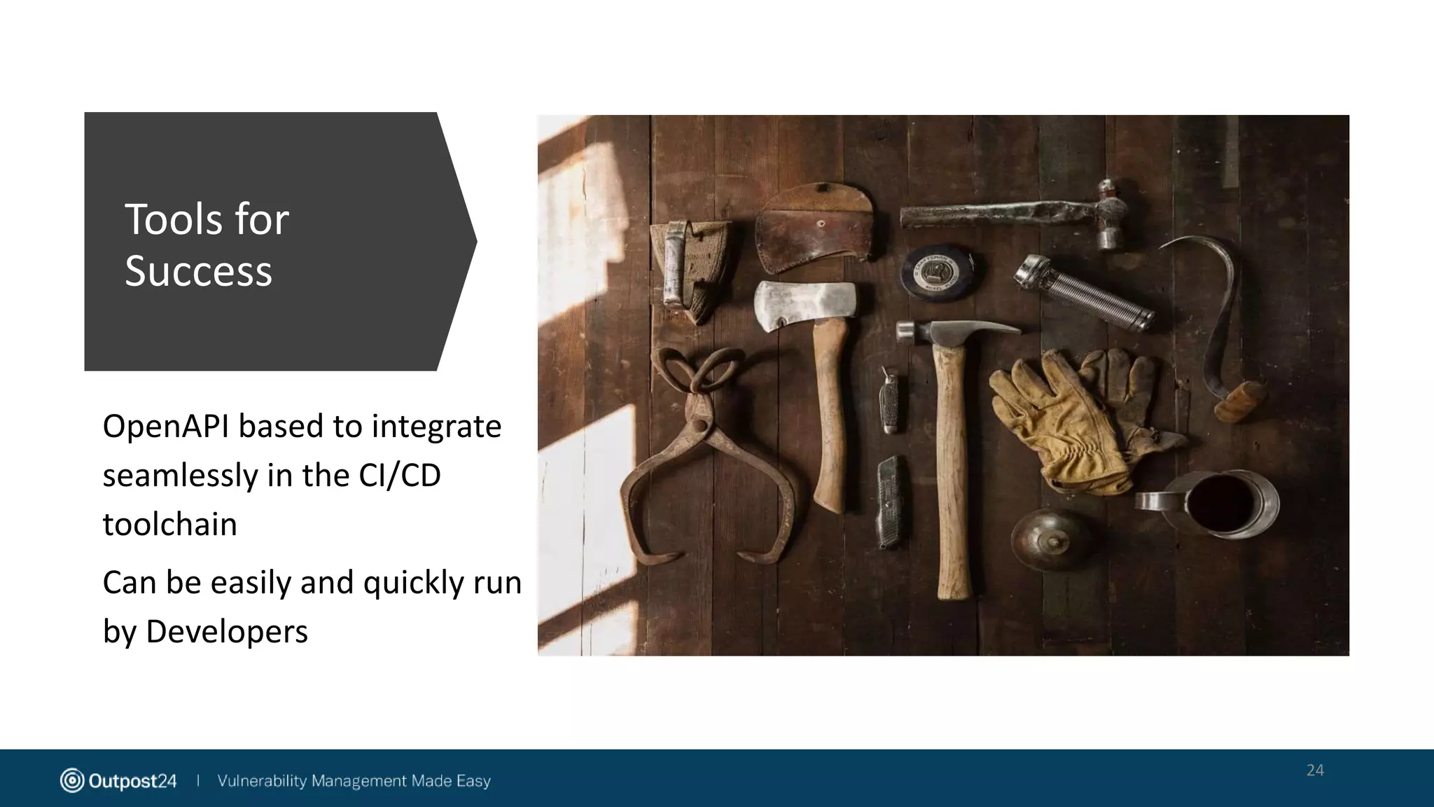 Tools for
Success
OpenAPI based to integrate
seamlessly in the CI/CD
toolchain
Can be easily and quickly run
by Developers
24
 