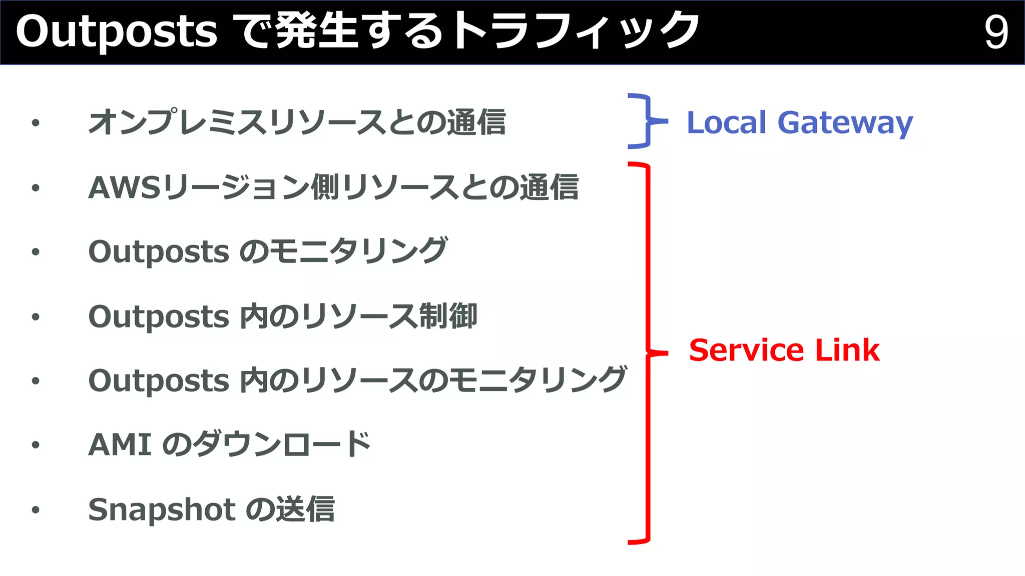 9Outposts で発⽣するトラフィック
• オンプレミスリソースとの通信 Local Gateway
• AWSリージョン側リソースとの通信
• Outposts のモニタリング
• Outposts 内のリソース制御
• Outposts 内のリソースのモニタリング
• AMI のダウンロード
• Snapshot の送信
Service Link
 
