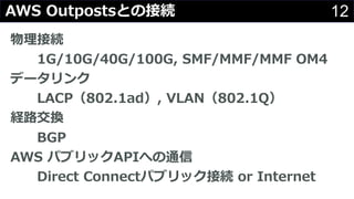 12AWS Outpostsとの接続
物理接続
1G/10G/40G/100G, SMF/MMF/MMF OM4
データリンク
LACP（802.1ad）, VLAN（802.1Q）
経路交換
BGP
AWS パブリックAPIへの通信
Direct Connectパブリック接続 or Internet
 