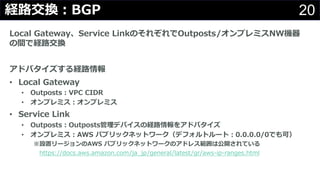 20経路交換︓BGP
Local Gateway、Service LinkのそれぞれでOutposts/オンプレミスNW機器
の間で経路交換
アドバタイズする経路情報
• Local Gateway
• Outposts︓VPC CIDR
• オンプレミス︓オンプレミス
• Service Link
• Outposts︓Outposts管理デバイスの経路情報をアドバタイズ
• オンプレミス︓AWS パブリックネットワーク（デフォルトルート︓0.0.0.0/0でも可）
※設置リージョンのAWS パブリックネットワークのアドレス範囲は公開されている
https://docs.aws.amazon.com/ja_jp/general/latest/gr/aws-ip-ranges.html
 